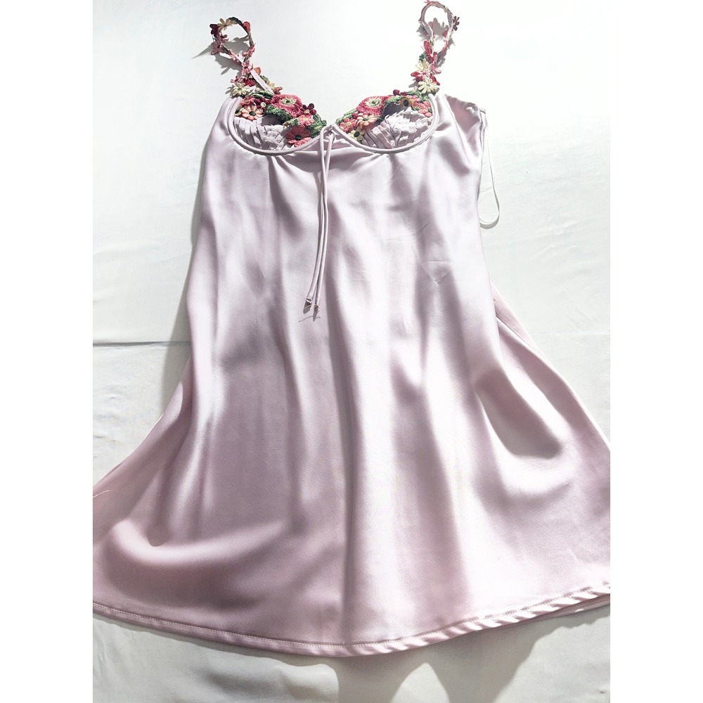 Hello Molly Satin Slip Mini Dress Pink Crochet Floral Straps Size L